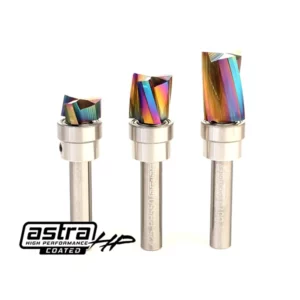 3-piece down-cut router bit set with 1/4 inch shank and AstraHP coated bits for laminate and trim routing